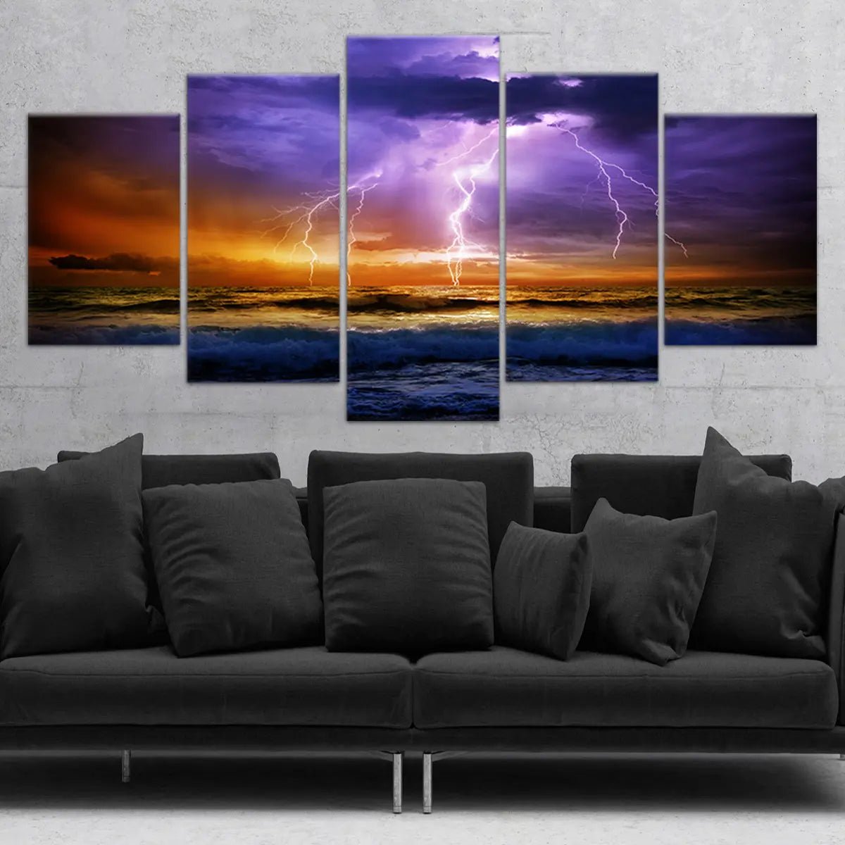  Large canvas beach wall art showcasing a stunning purple-hued thunderstorm over the ocean, creating a powerful ambiance.
