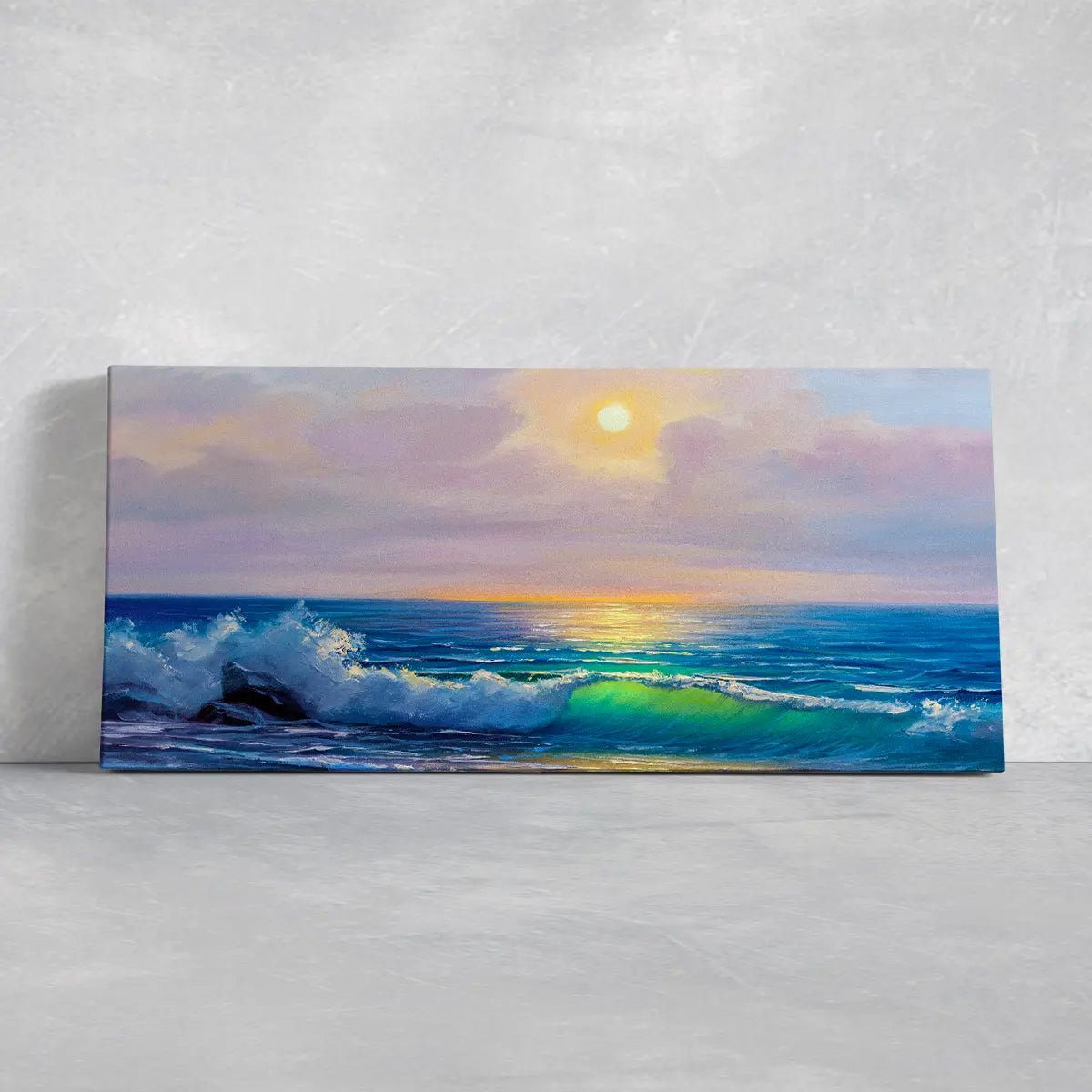  Large canvas beach wall art featuring a stunning seascape of crashing waves under a warm sunset glow.