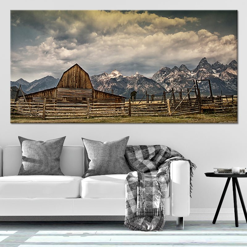 Large farmhouse wall decor featuring a rustic wooden barn and fence