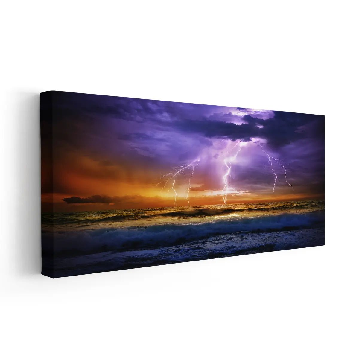  Large wall art ocean scene with vibrant lightning bolts striking above turbulent waves, a striking focal piece for decor.