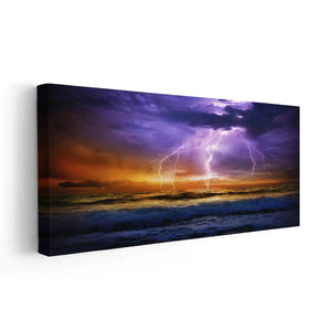  Large wall art ocean scene with vibrant lightning bolts striking above turbulent waves, a striking focal piece for decor.