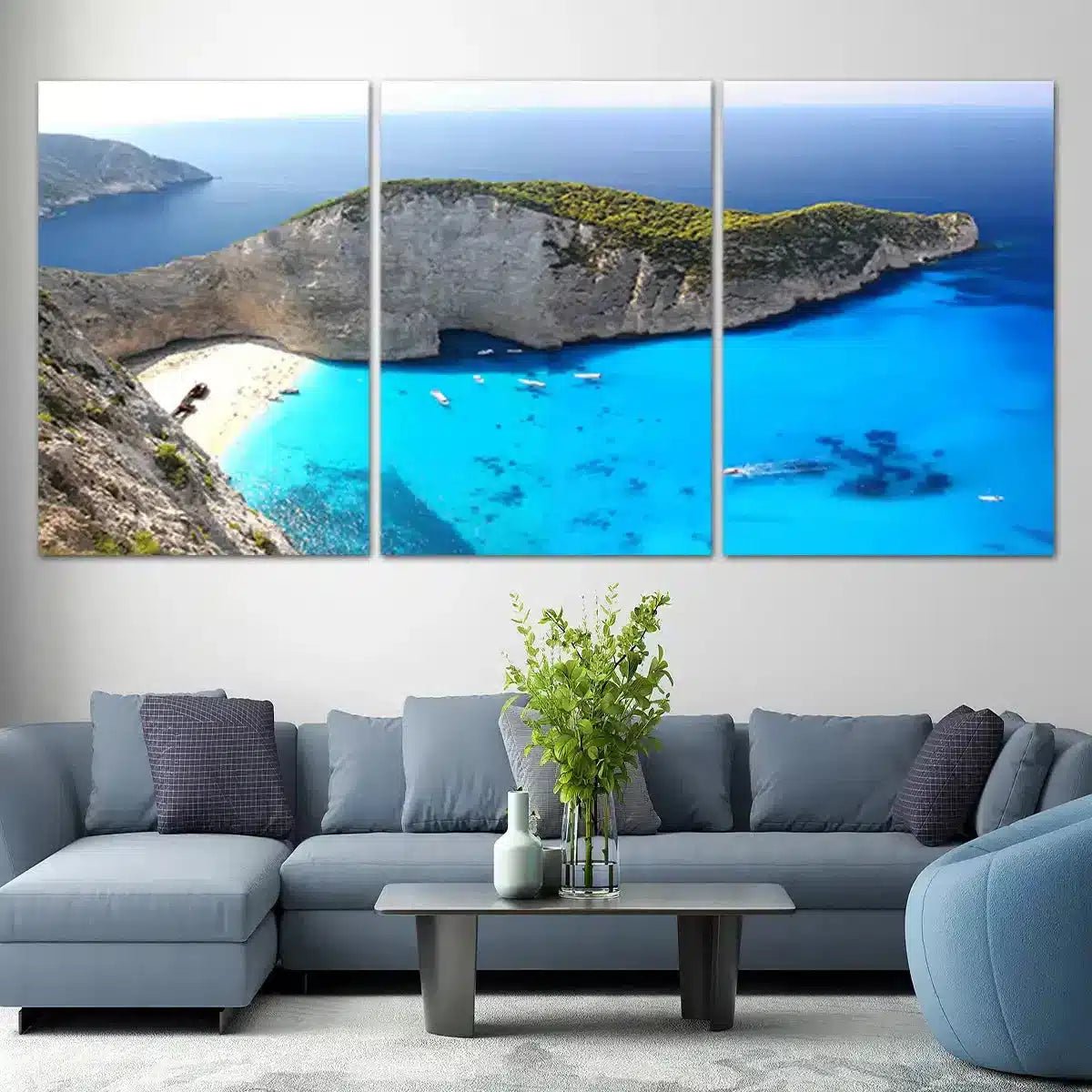  Large wall art ocean scene capturing Navagio Beach’s iconic coastline with vibrant blue waters and lush greenery.
