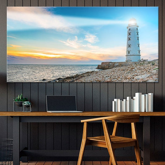 Beach and nautical decor lighthouse scene with a soft ocean sunset.
