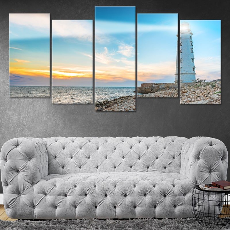 Lighthouse At Sunset Multi Panel Canvas Wall Art