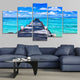 Ocean beach artwork with a rustic wooden pier leading into the sea.
