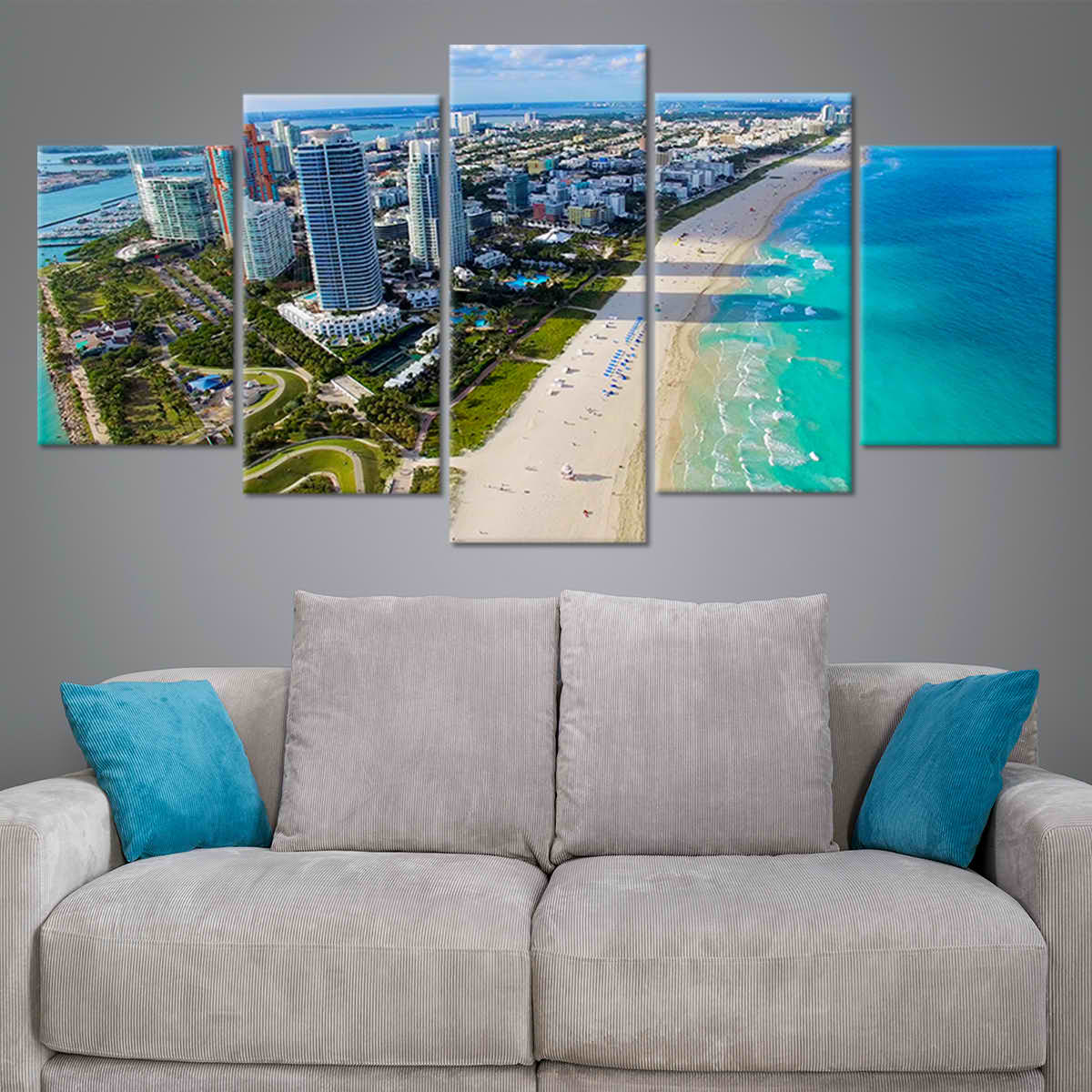 Coastal artwork featuring an aerial view of Miami’s white sandy beaches.