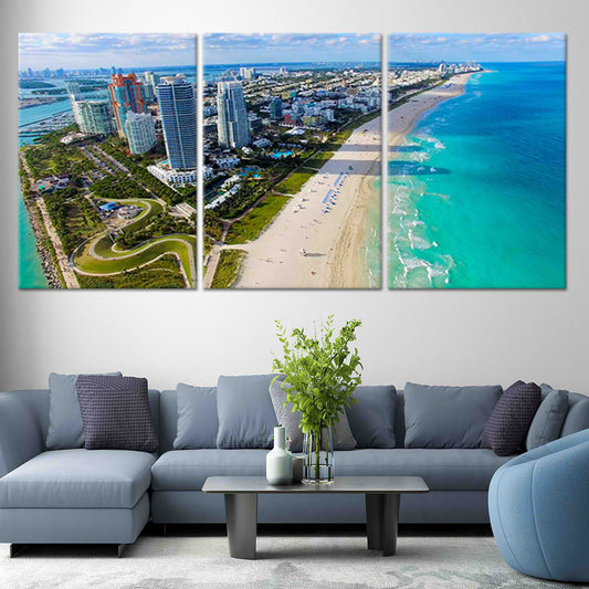 Aerial beach print of Miami coastline for beach and coastal wall decor.