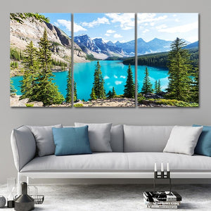Modern nature canvas featuring turquoise lake and snow-capped peaks