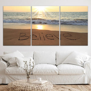Believe Wall Art, Sunset Canvas Wall Art, beach sayings wall art, 3 piece wall art