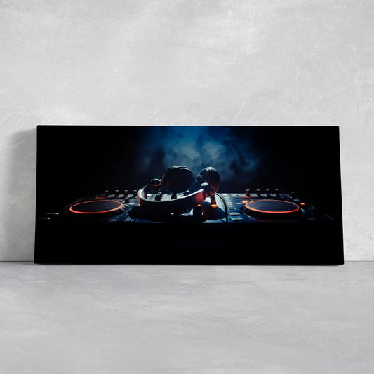 DJ headphones resting on mixer canvas wall art for living room wall art, neon accents and inspiring nightlife energy