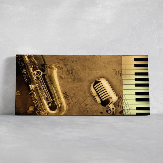 Abstract jazz music scene in modern decor — modern canvas wall art for bedroom wall art, warm tones and calming elegance.