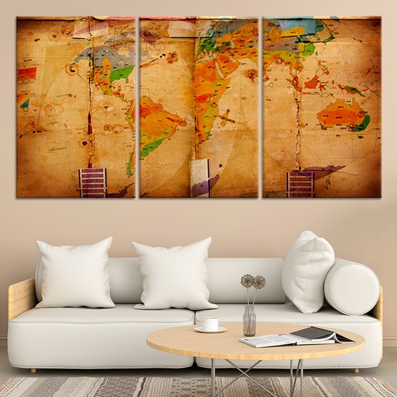 Old World Map Multi Panel Canvas Wall Art 3 piece