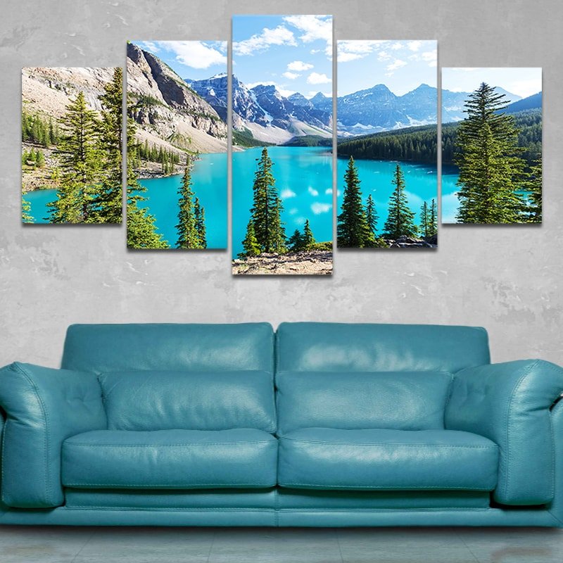 Oversized framed mountain lake print for cozy cabin interiors