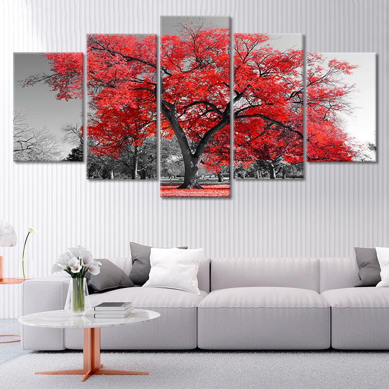 Oversized landscape canvas with bold red maple leaves