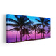 Tropical canvas artwork showcasing vibrant pink, blue, and purple hues of a sunset beach scene.