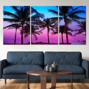 Coastal framed artwork illustrating a dreamy tropical setting with a dramatic sky.
