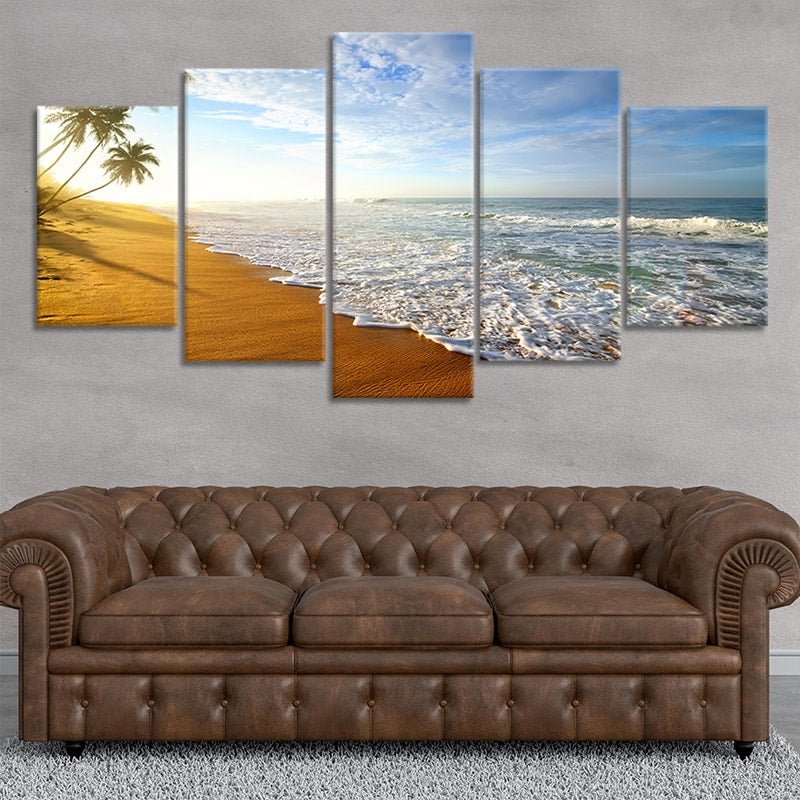 Large beach landscape artwork showcasing ocean waves at sunrise.