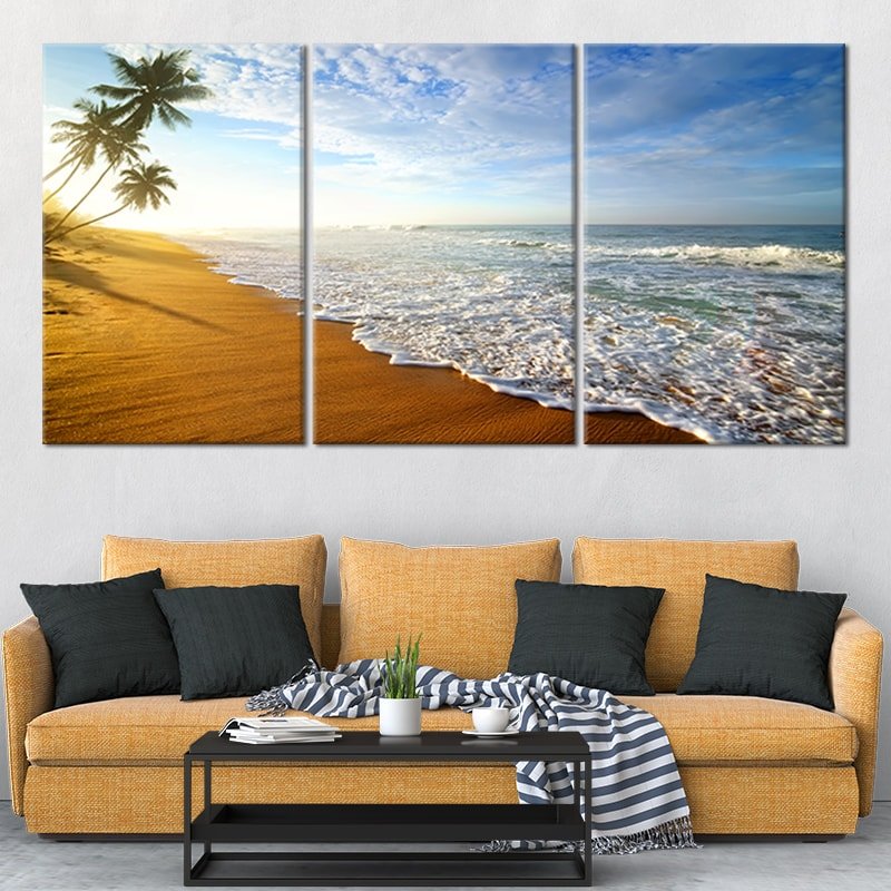 Coastal bedroom wall decor with a peaceful sandy beach.