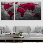 Red Aged World Map Canvas Wall Art Set