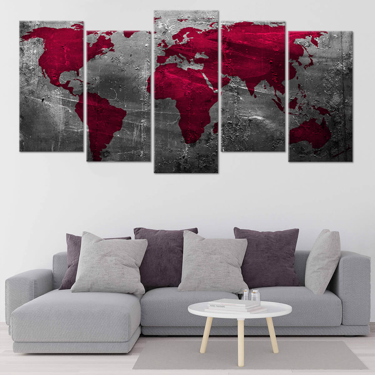 Red Aged World Map Canvas Wall Art Set