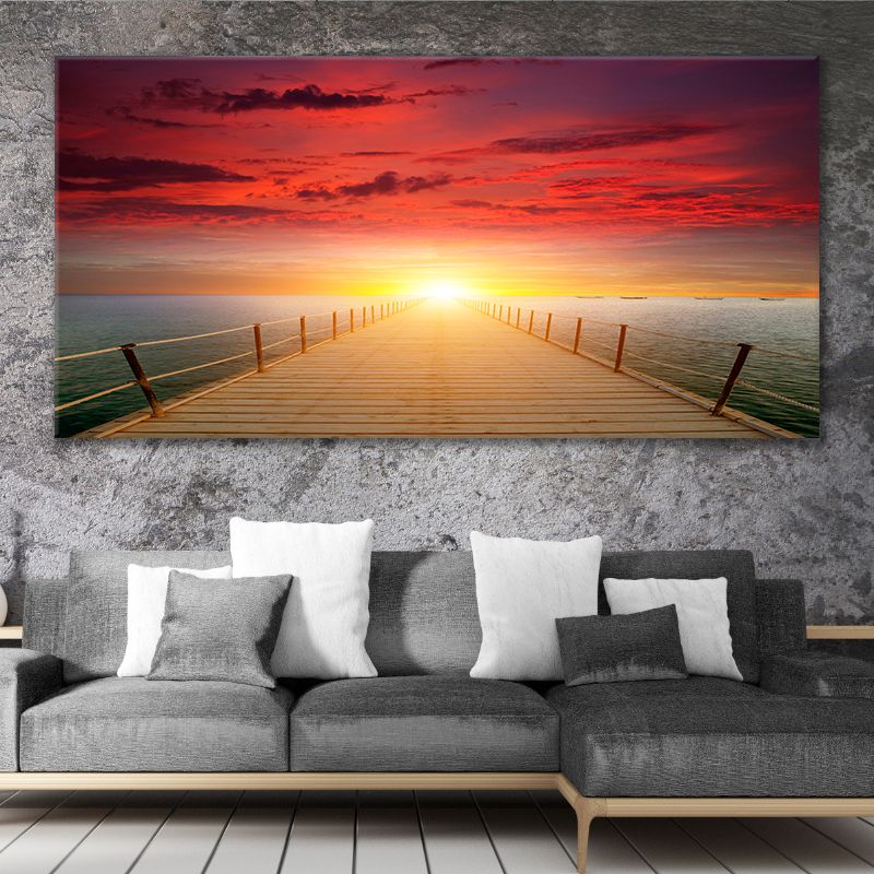 Sunset canvas wall art showcasing a wooden pier stretching into the horizon.