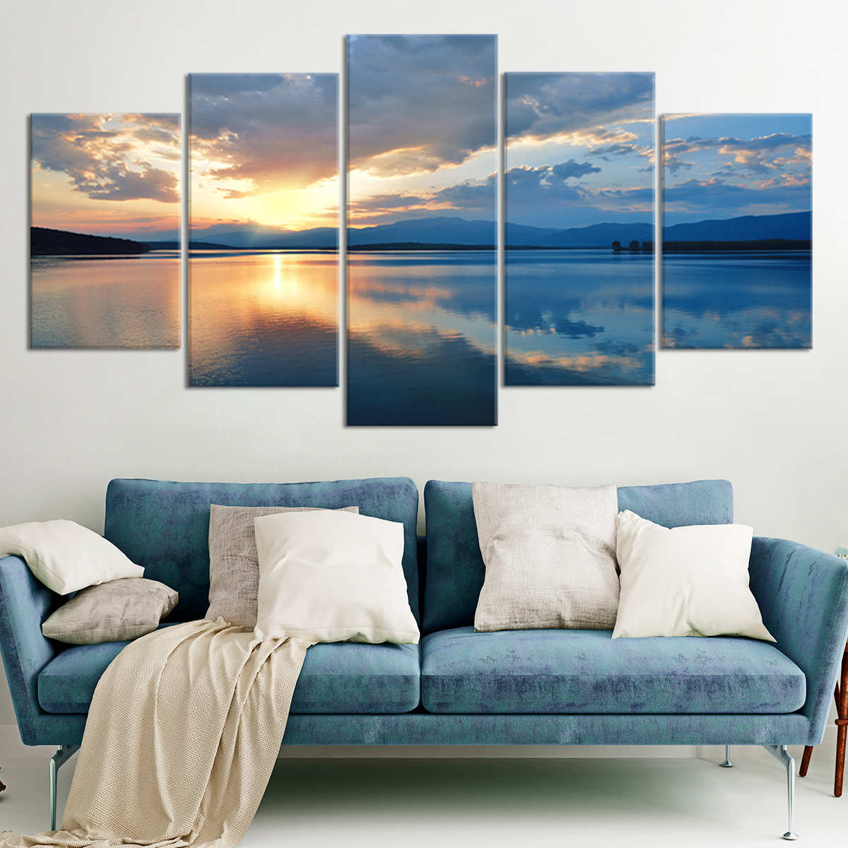 Ocean wall art canvas featuring a golden sunset and deep blue sky contrast.