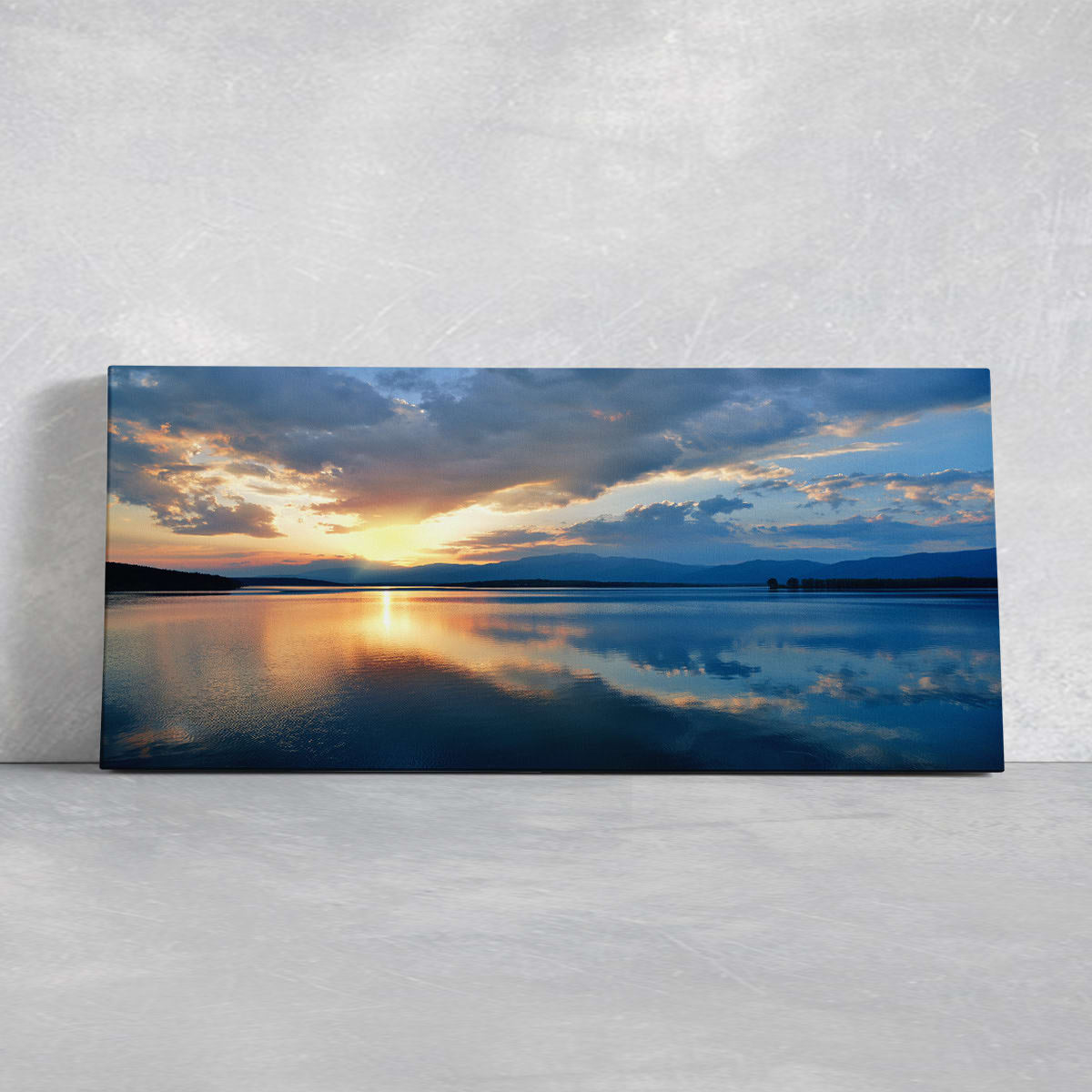 Coastal canvas wall art of a glowing ocean sunset with warm colors and peaceful waves.
