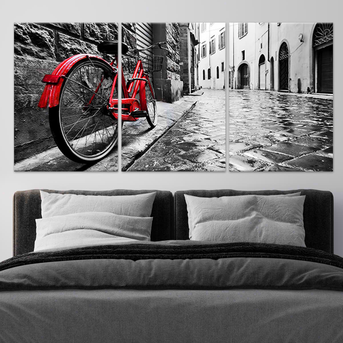 Retro Red Bike On Cobblestone Street Wall Art-Stunning Canvas Prints