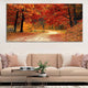 Rustic fall landscape wall art with vibrant red and orange foliage