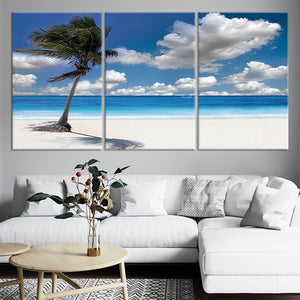 Nautical wall art showcasing a sunny beach and swaying palm tree.