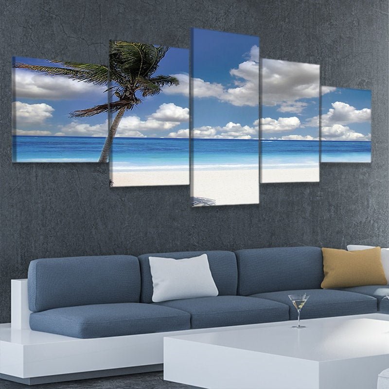 Ocean-inspired wall decor featuring a tropical palm on a quiet beach.