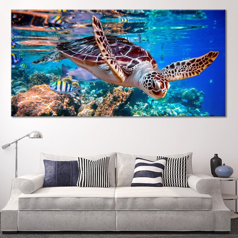 Large Sea Turtle Wall Art Print | Green Sea Turtle Painting On Canvas