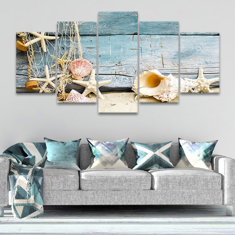 Starfish and seashell coastal farmhouse wall art for ocean-inspired decor.