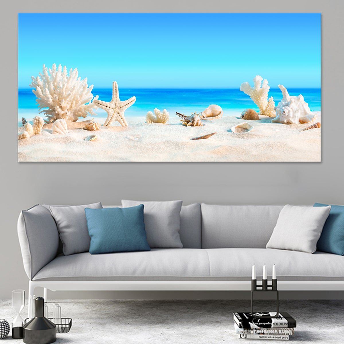 Tropical ocean wall art illustrating ocean treasures resting on smooth white sand, a serene beach scene