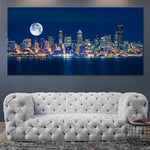 Seattle Skyline With Full Moon Canvas Wall Art