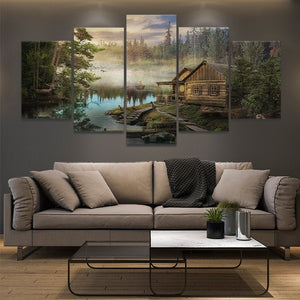 Serene lakeside cabin painting, ideal for rustic bedroom wall decor, offering natural beauty.