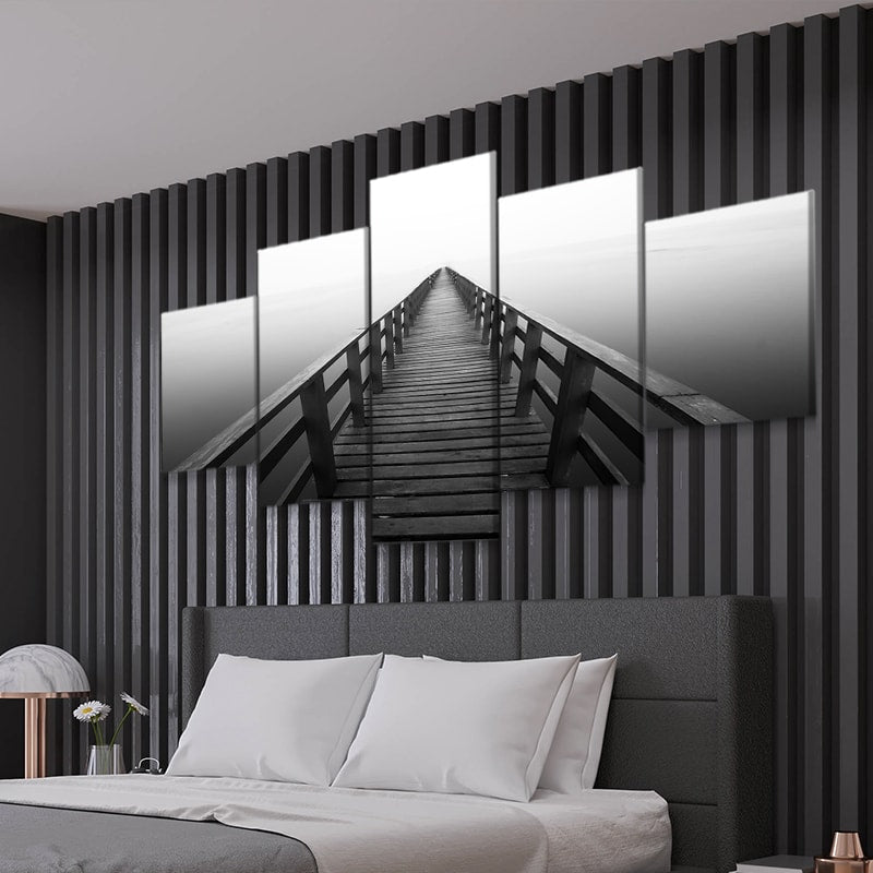 Abstract ocean wall art with a stunning pier scene, adding depth to coastal artwork canvas.
