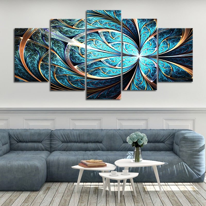 Shiny Blue Fractal Flower Multi Panel Canvas Wall Art