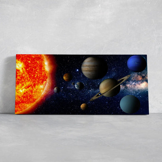 Solar system planets aligned around the sun canvas wall art for living room decor, vibrant cosmic colors create an inspiring space mood