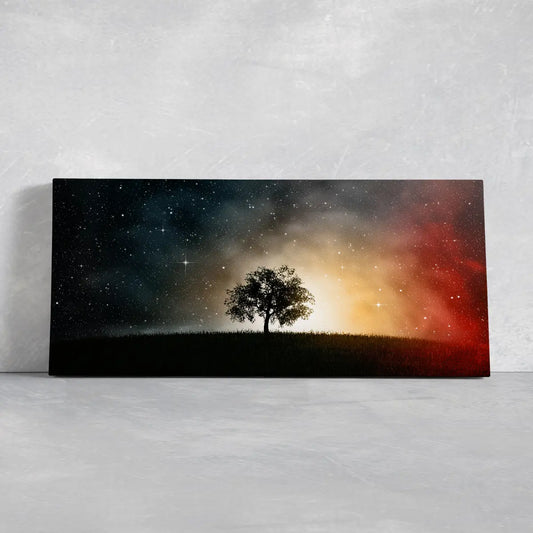 Lone tree beneath cosmic sky canvas wall art for living room decor, dramatic galaxy colors create an inspiring and peaceful mood