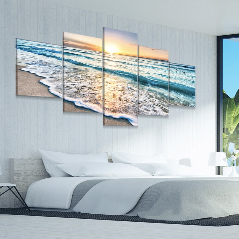 Sunrise beach canvas wall art, a framed beach artwork print for modern coastal home decor.