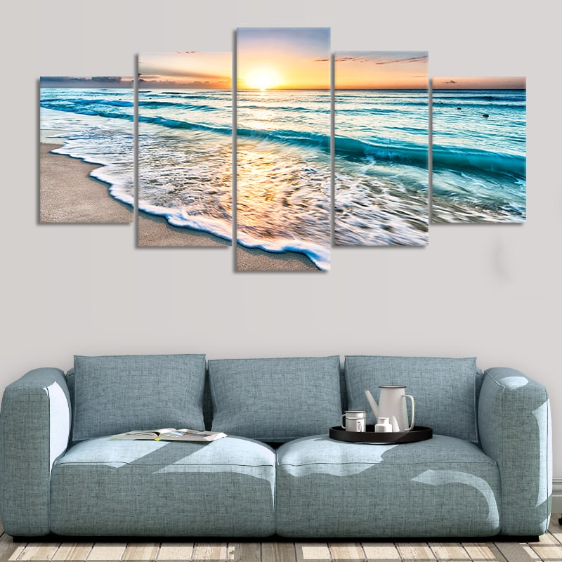 Sunrise beach canvas wall art, a breathtaking beach artwork print for coastal-inspired interiors.