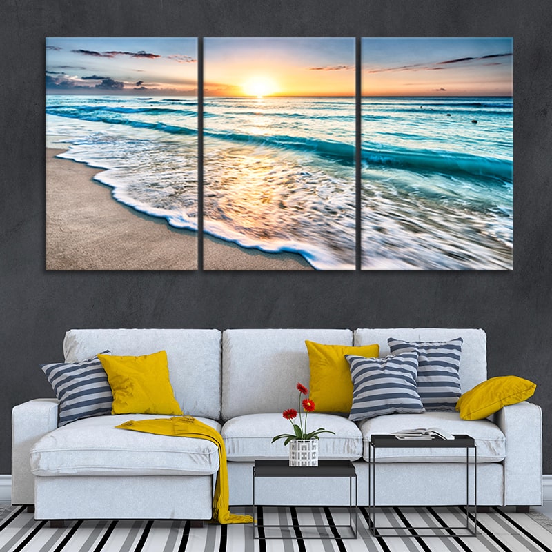 Framed beach wall art with a serene sunrise beach, ideal for beach artwork for living room or bedroom.