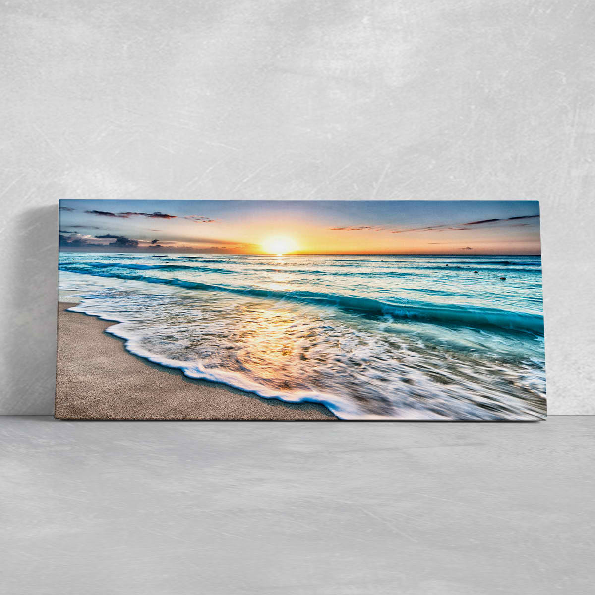 Large beach wall art featuring a vibrant sunrise beach scene, perfect for modern coastal wall decor.