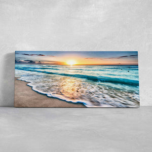 Large beach wall art featuring a vibrant sunrise beach scene, perfect for modern coastal wall decor.