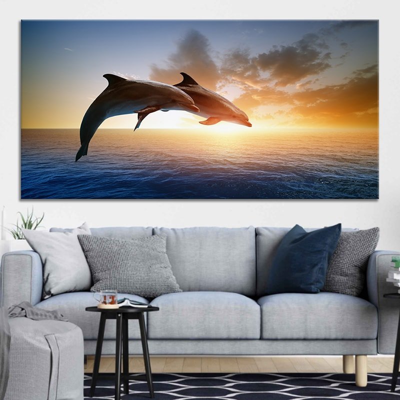 Two Jumping Dolphins At Sunset Multi Panel Canvas Wall Art