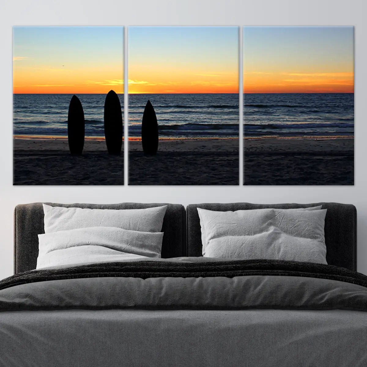 Large canvas beach wall art with a golden ocean sunset.
