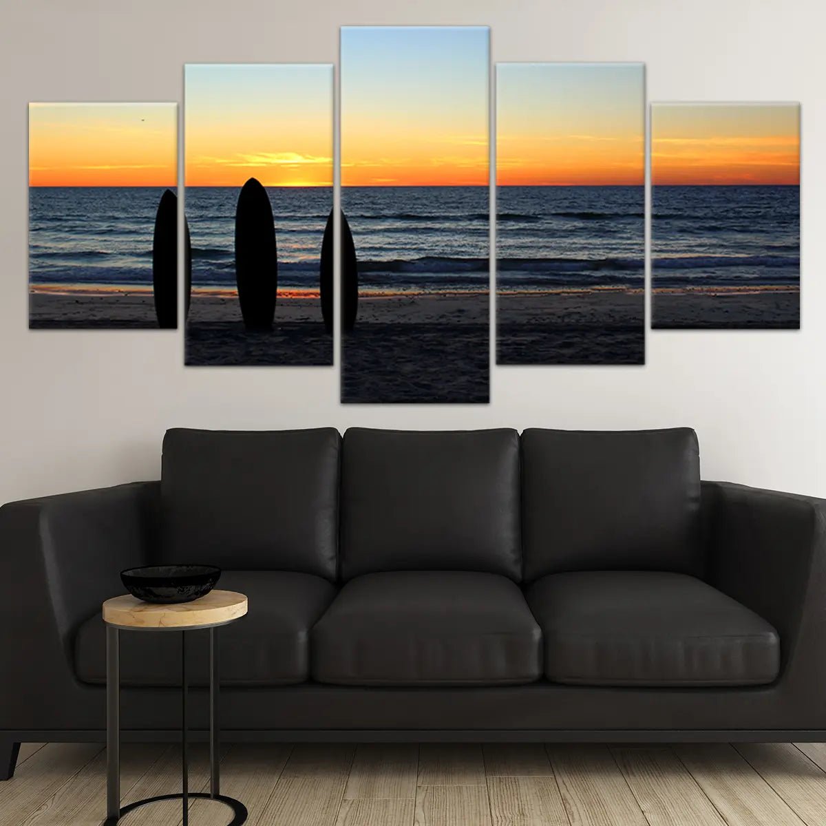 Beach scenes wall art with a stunning ocean view and surfboards.
