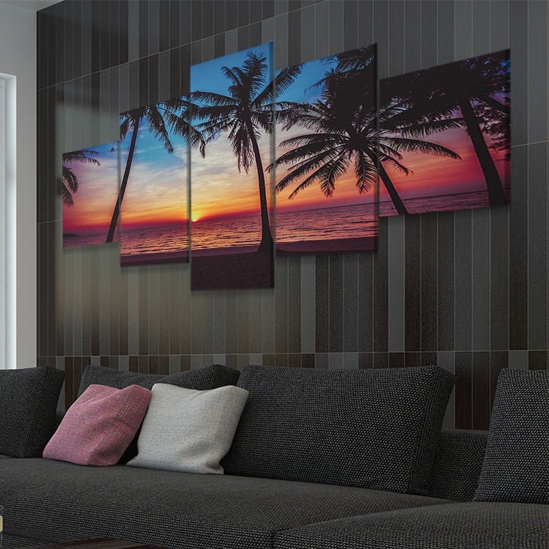 Ocean beach artwork showcasing a sunset view with palm trees.