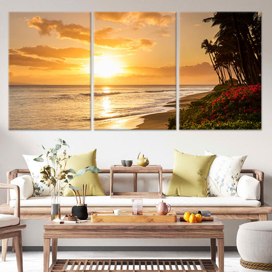 Large Framed Beach Wall Art – Stunning Sunset Over the Ocean